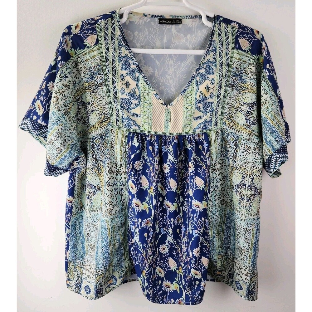Noracora 3XL Women's Short Sleeve Top Blue Crochet Bohemian Festival